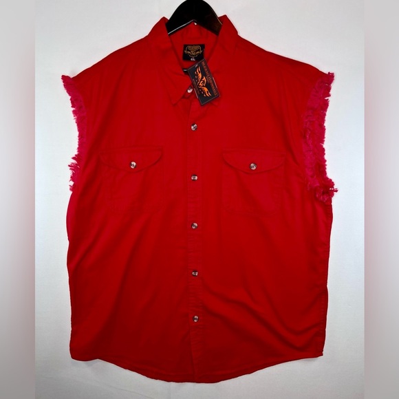 NWT Milwaukee Leather men’s sleeveless button down red shirt sz 4XL frayed Biker - Picture 1 of 7